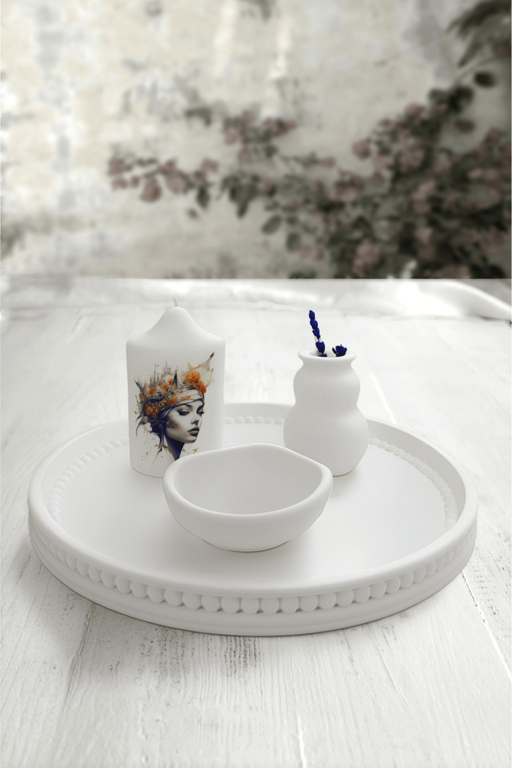 Dört Parça Dekoratif Beton Set - Kase, Vazo, Baskılı Mum Ve Bubble Tepsi