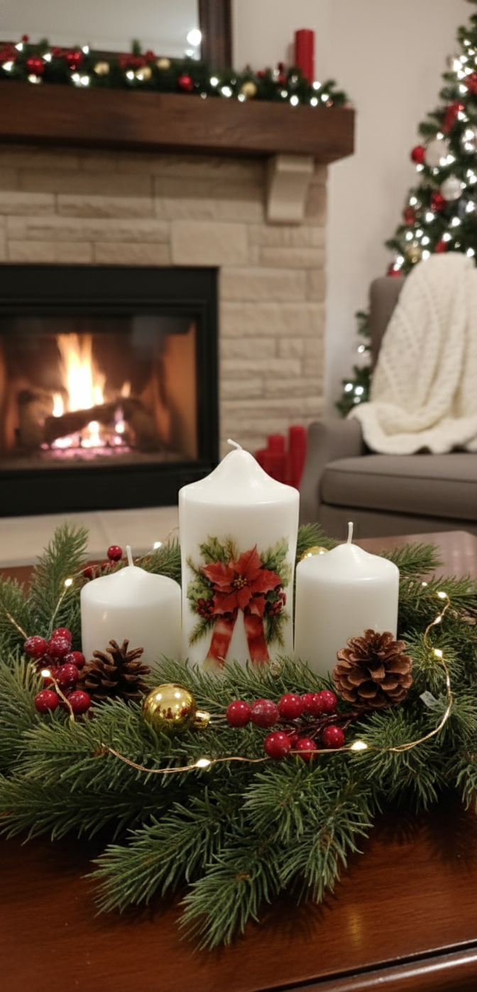 Poinsettia Baskılı Yılbaşı Baton Mum